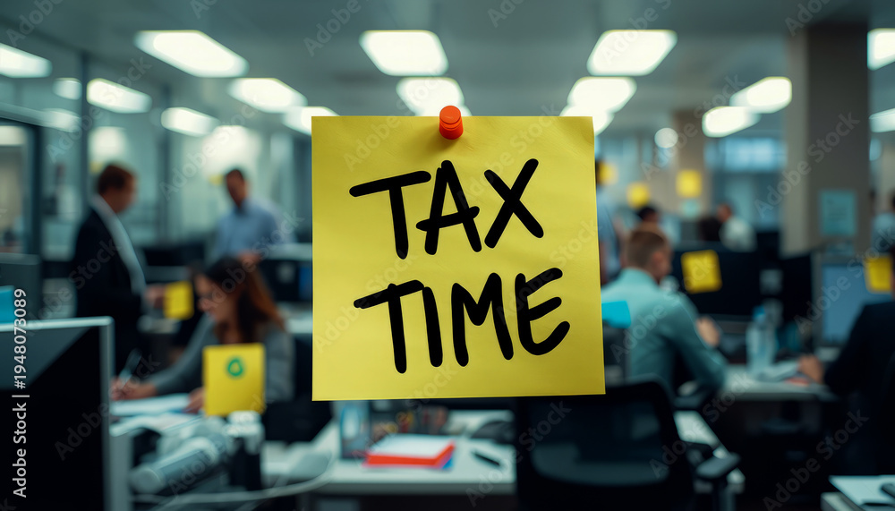 Fototapeta premium Central yellow sticky note reading 'Tax Time' is attached within a busy, brightly lit modern office environment where employees work diligently at desks.