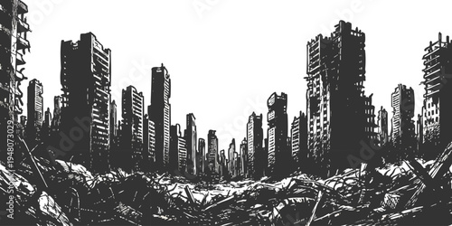 Post-apocalyptic destroyed city landscape with ruined buildings and debris, detailed black and white vector illustration