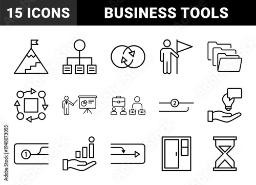 Business and office line icon set. Vector pictograms of briefcase, megaphone, clock, lightbulb, chart, gear, and dollar, thin outline illustration.