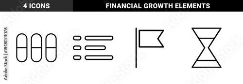 Business and finance icon set. Vector glyph pictograms of growth chart, dollar coin, lightbulb, handshake, and gears, black silhouette illustration.