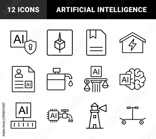 Artificial intelligence and technology line icon set. Vector pictograms of brain, robot, shield, lighthouse, chip, and documents, thin outline illustration.
