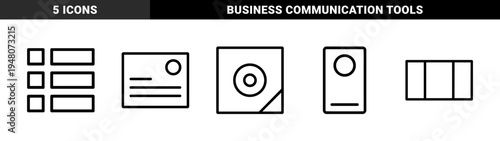Correspondence and office line icon set. Vector pictograms of mail envelope, compact disc, paper documents, files, and cards, thin outline illustration.