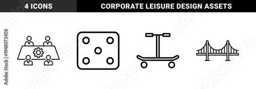 Business and transportation line icon set. Vector pictograms of meeting table, gear, dice, bridge, and kick scooter, thin outline illustration.