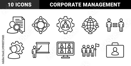 Business and human resources icon set. Vector pictograms of team collaboration, leadership, global network, meeting, and career growth, thin line illustration.