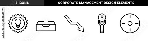 Business and finance icon set. Vector pictograms of light bulb, decreasing arrow, inbox, worker with coin, and target, black outline illustration.