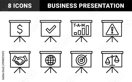 Business presentation line icon set. Vector pictograms of growth chart, currency, checkmark, warning, handshake, globe, target, and scales, thin outline illustration.