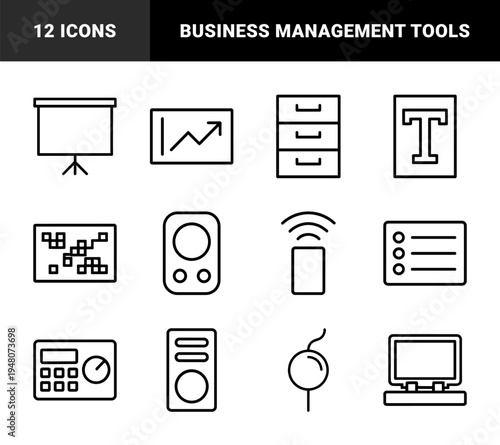 Business and office line icon set. Vector pictograms of document, chart, filing cabinet, projector, pager, map, wireless device, list, and laptop, thin outline illustration.