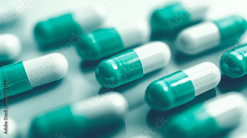 Close-up macro shot of many green and white capsules arranged on a reflective surface