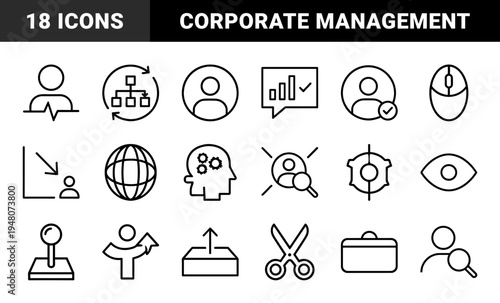 Business management and corporate strategy line icon set. Vector pictograms of globe, hierarchy, magnifying glass, gears, and bar chart, thin outline illustration.