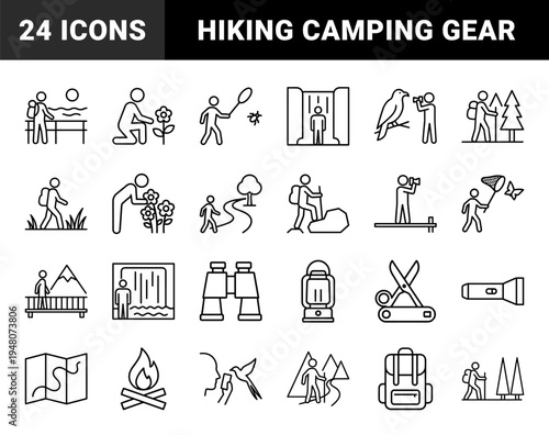 Outdoor adventure and hiking line icon set. Vector pictograms of backpack, binoculars, campfire, map, lantern, and mountains, thin outline illustration.