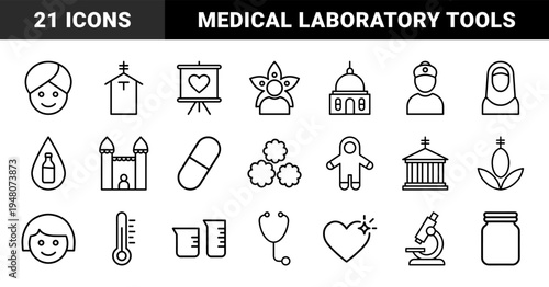 Medical and healthcare line icon set. Vector pictograms of stethoscope, microscope, pill, heart, thermometer, and lab equipment, thin outline illustration.