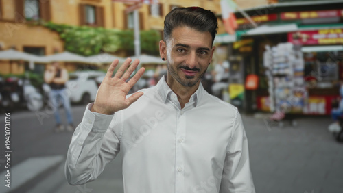 Canvas Print Young hispanic man wearing white shirt waving hand on busy urban street sidewalk in bright daylight; friendliness