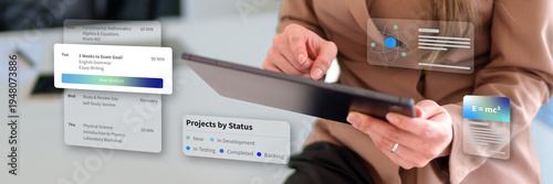 Bilde på lerret Woman managing online education project tasks on tablet with digital schedule in