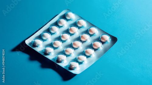 Blister pack of white and pink pills on a vibrant blue background with dramatic shadow