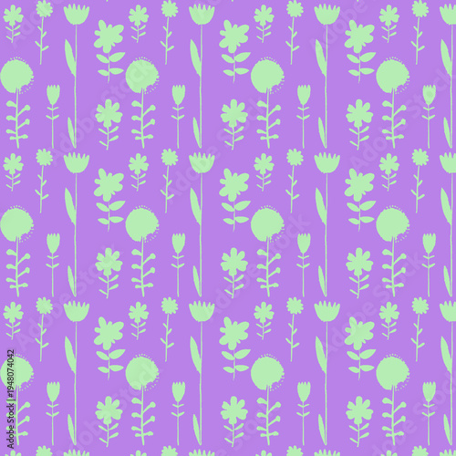 Seamless floral pattern with green and pink flowers on purple