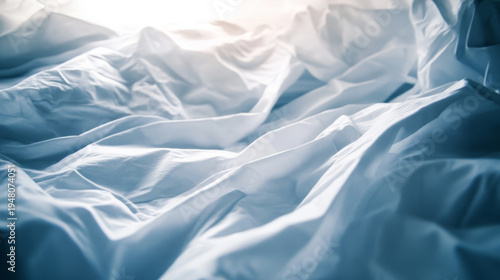 Soft white crumpled bed sheets with gentle morning light streaming from above