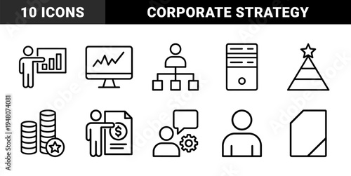 Business management and corporate strategy icon set. Vector pictograms of charts, servers, hierarchy, growth, and team performance, black outline illustration.