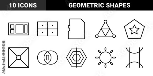 Abstract geometric line icon set. Vector pictograms of memory card, drawers, pyramid, hexagon, pentagon, sun, and overlapping circles, thin outline illustration.