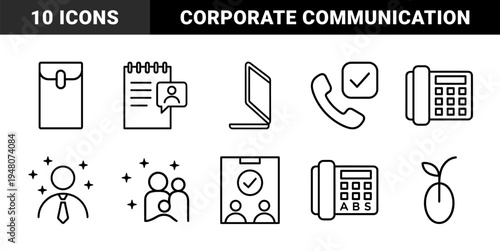 Business and communication icon set. Vector pictograms of telephone, envelope, notebook, laptop, people, cloud, and growth, thin outline illustration.