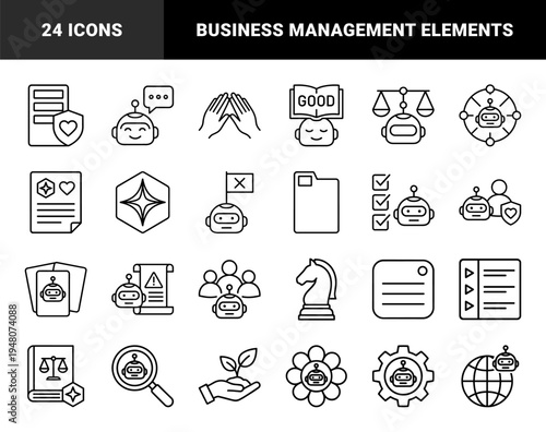 Business and office management icon set. Vector pictograms of folder, magnifying glass, gears, briefcase, trash can, and calendar, thin outline illustration.