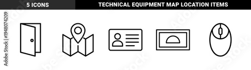 Miscellaneous outline icon set. Vector pictograms of identification card, open door, map location, framed picture, and computer mouse, thin stroke illustration.