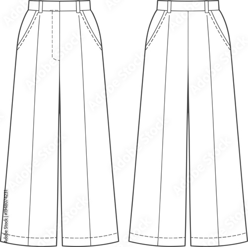 Elegant women wide leg trousers technical fashion flat sketch, front and back view tailored pants vector outline apparel design template