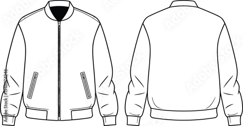 Front and back bomber jacket technical drawing vector template, blank varsity jacket outline with zipper pockets, apparel mockup design illustration