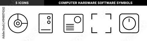 Multimedia and interface line icon set. Vector pictograms of compact disc, drive, document, power button, and framing corners, thin outline illustration.