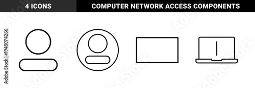 Technology and user interface icon set. Vector pictograms of profile avatar, login button, laptop computer, and digital screen, thin outline illustration.