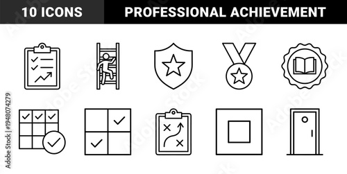 Business and personal growth line icon set. Vector pictograms of shield, ladder, clipboard, medal, strategy, book, and calendar, thin outline illustration.