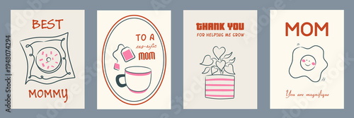 Set of Happy Mother's day greeting card with tea, plant, egg, donut, cake icon doodle on beige background poster. Creative spring card template with typography text. Happy Women's Day illustration.