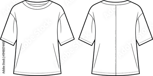 Women basic t shirt technical fashion flat sketch front and back view short sleeve casual apparel template