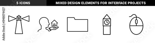Miscellaneous outline icon set. Vector pictograms of person with house, folder, lighthouse, computer mouse, and clock tower, thin line illustration.