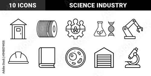 Industrial and biotechnology line icon set. Vector pictograms of microscope, robotic arm, dna, cell, beaker, helmet, and warehouse, thin outline illustration.