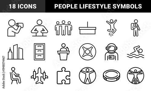 People and lifestyle line icon set. Vector pictograms of teamwork, office desk, jumping, drinking, student, file cabinet, speaker, city, swimmer, astronaut, and puzzle.