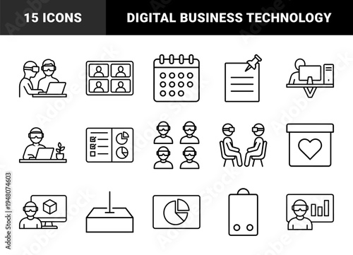 Virtual reality and business technology icon set. Vector pictograms of headset, calendar, laptop, charts, video conference, and workspace, thin outline illustration.