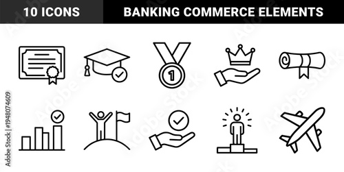 Business and finance icon set. Vector pictograms of wallet, calculator, chart, safe, coins, credit card, and briefcase, thin outline illustration.