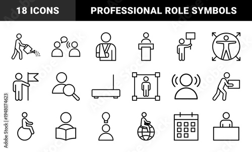 People and business line icon set. Vector pictograms of speaker, gardener, patient, activist, recruitment, calendar, and desk, thin outline illustration.