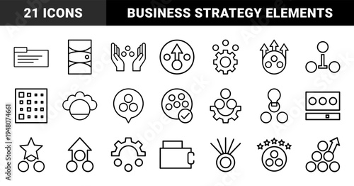 Business management icon set. Vector pictograms of gear, folder, star, arrow, cloud, and growth, thin black outline illustration.
