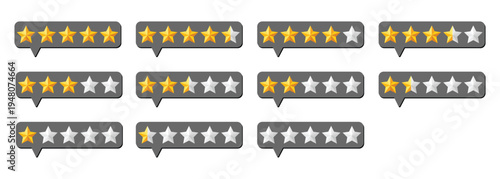 3D star rating from quality of product. 0 to 5 star rating vector icon set. Yellow and white rating star. Vector illustration.