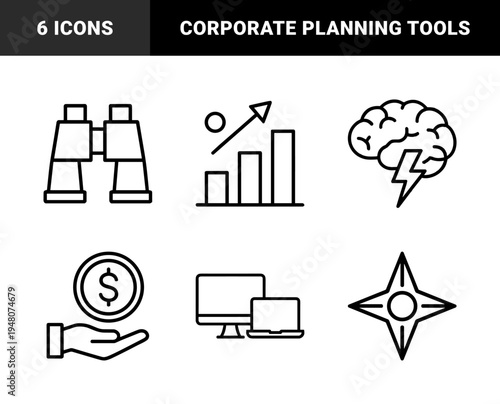 Business and strategy line icon set. Vector pictograms of brain, binoculars, growth chart, money, computer, star, and paper plane, black outline illustration.