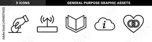 Miscellaneous line icon set. Vector pictograms of wireless router, open book, charity hand, information cloud, and wedding rings, black outline illustration.