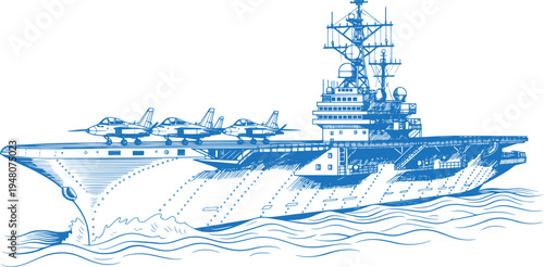 Aircraft Carrier Warship Side Profile Vector Line Art, Military Naval Vessel with Flight Deck Radar Tower and Fighter Jets on Deck, Detailed Navy Warship Outline