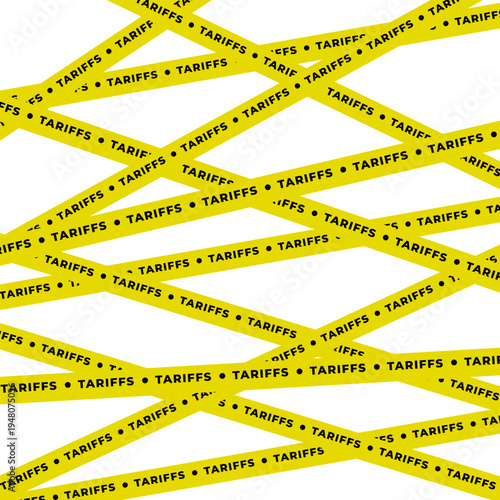Seamless pattern with yellow warning tapes and the word “TARIFFS” repeated on black caution stripes isolated on transparent background. Concept of trade tariffs, economic restrictions, import taxes