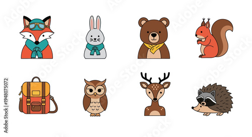 Cartoon animals set with backpack and accessories