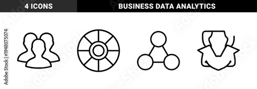 Business management and networking icon set. Vector pictograms of users, segment chart, node structure, and protective shield, black thin outline illustration.