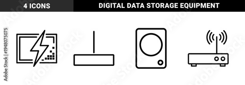 Technology and hardware icon set. Vector glyph pictograms of router, wireless signal, external hard drive, and computer monitor with power bolt, black silhouette illustration.