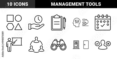 Business and productivity line icon set. Vector pictograms of clipboard, calendar, presentation, team, binoculars, and doorway, thin outline illustration.