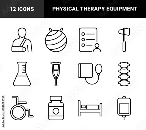 Medical rehabilitation line icon set. Vector pictograms of wheelchair, crutches, arm sling, spine, hospital bed, iv bag, and blood pressure monitor, outline illustration.