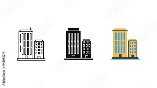 three modern apartment buildings with balconies flat design vector illustration